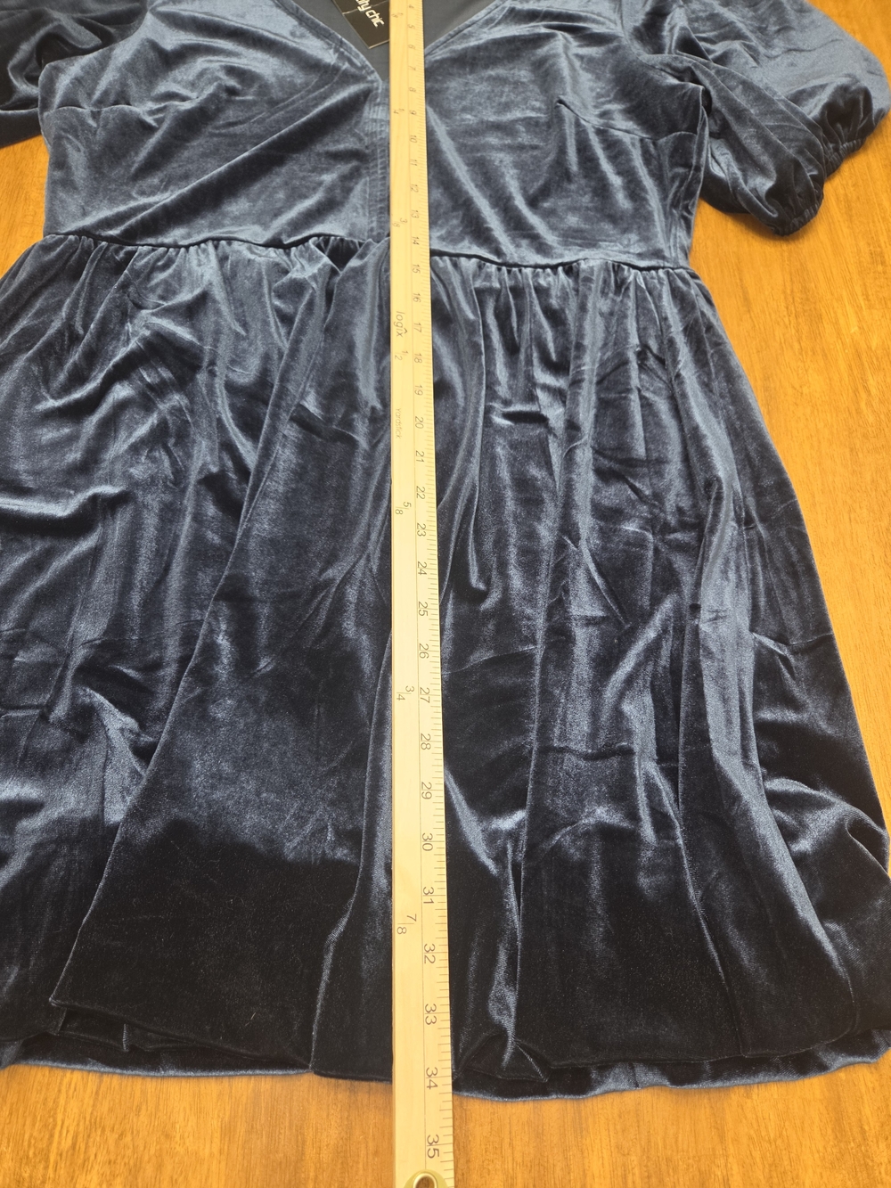 Deep Navy Blue Velvet Plus Mini Dress Puff Elastic Cuff Sleeves Bubble Hem Sz 16 - Picture 6 of 8